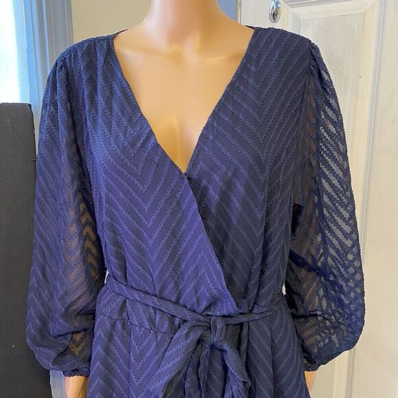 Bloom Chic Wrap Midi Dress Women 18-20 Blue Sheer Texture Ruffle Party Formal - Picture 5 of 9